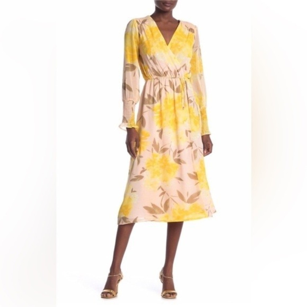 Halogen Womens XL Yellow Floral Faux Wrap Midi Dress Smocked Cuffs Peach V-Neck